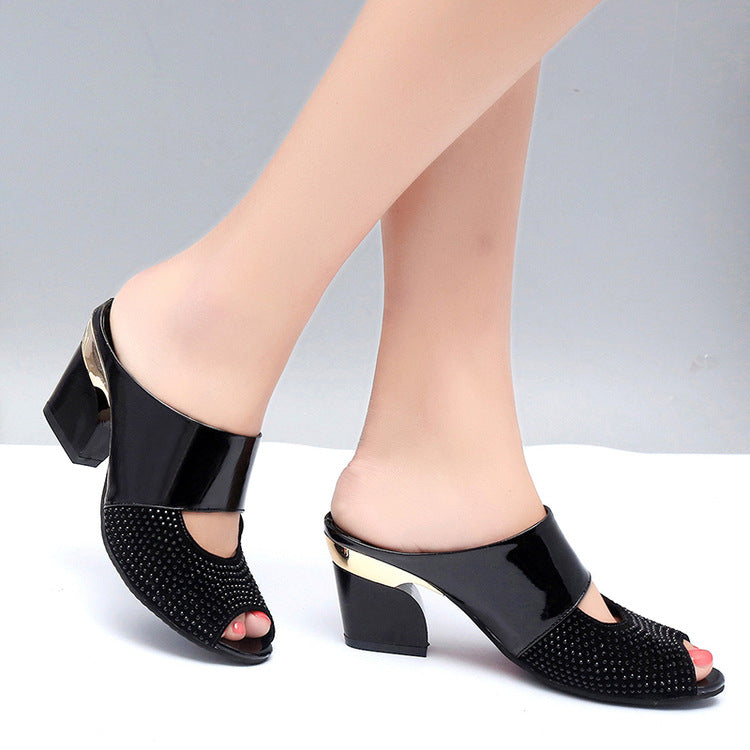 Patent Leather Rhinestone Sandals for Women | Elegant Block Heel Shoes