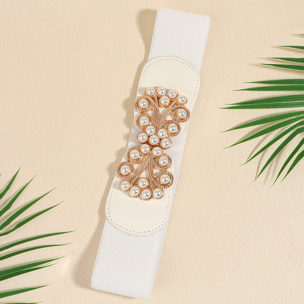 Women's Stretch Belt Wide | Elastic Pearl Buckle Elegant