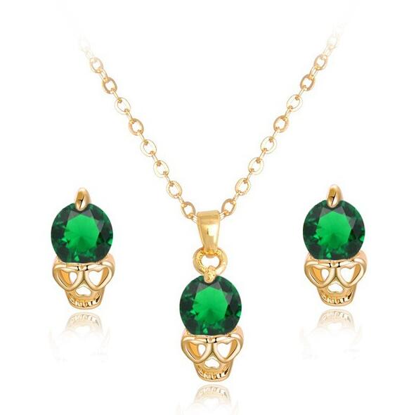 Gold-Tone Skull Jewelry Set with Crystals – Edgy Design Necklace & Earrings