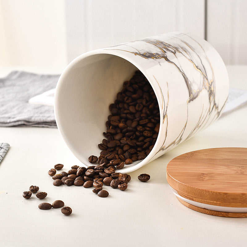 Marble Ceramic Storage Jar with Wooden Lid – Airtight Premium