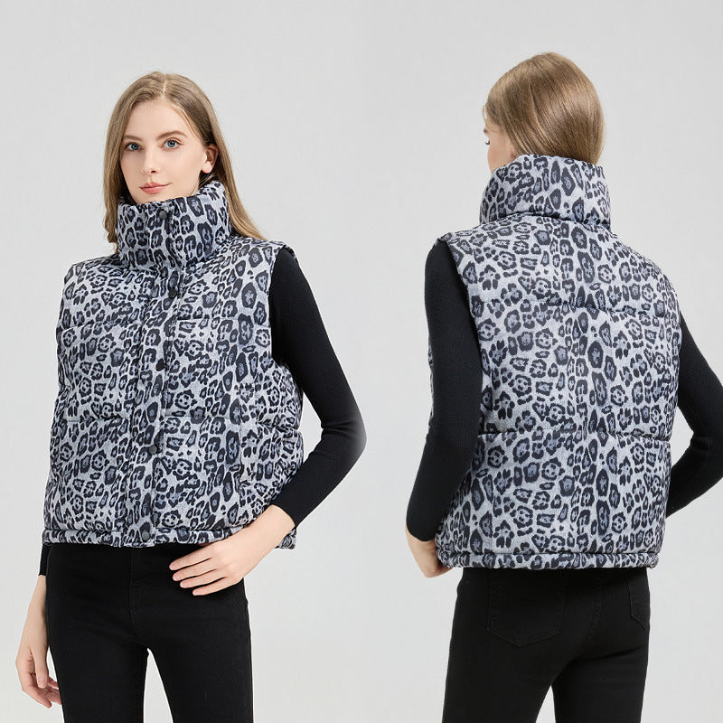 Damen Leoparden Weste | Baumwolle | Eleganter Stehkragen