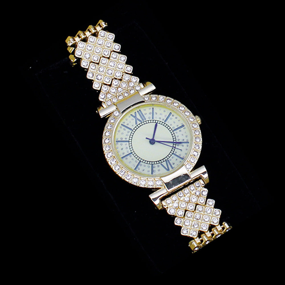 Luxury Women's Watch & Jewelry Set with Roman Design – Rhinestone Watch & Bracelet