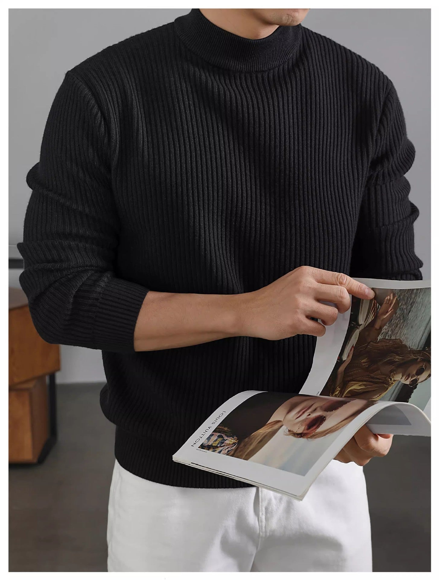Men's Korean Style Pullover – Mock Neck Rib Knit