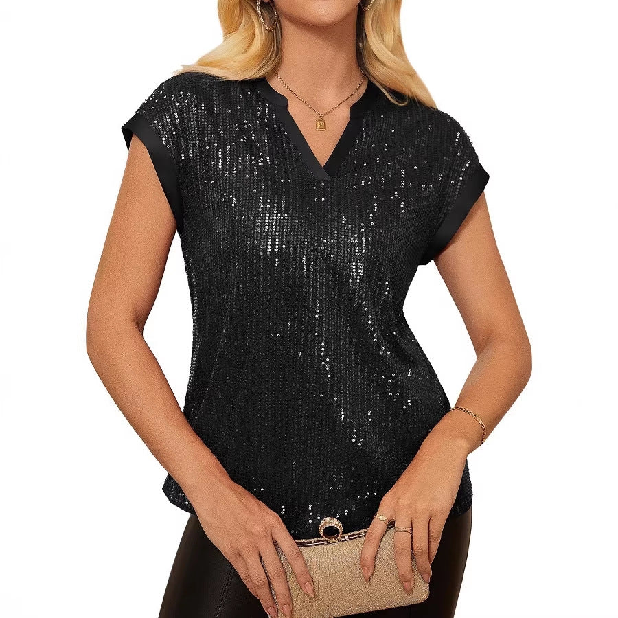 Damen Pailletten Top mit V-Ausschnitt – Kurzarm Party Glamour