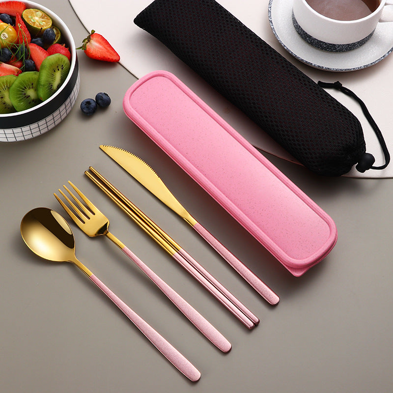 Edelstahl Besteckset Gold | Reise Camping Besteck mit Etui