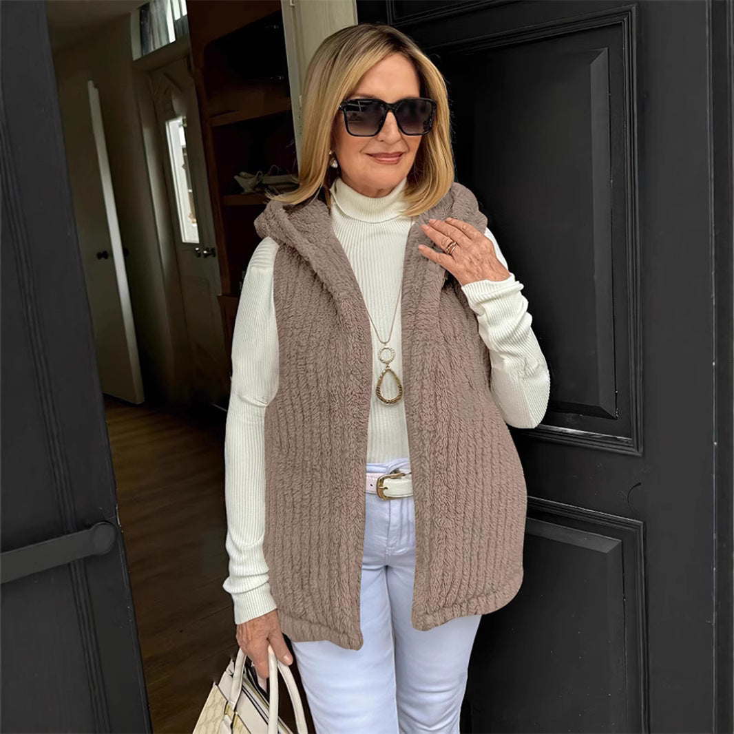 Damen Kapuzenweste Flauschig – Ärmellos, Warm & Casual Look