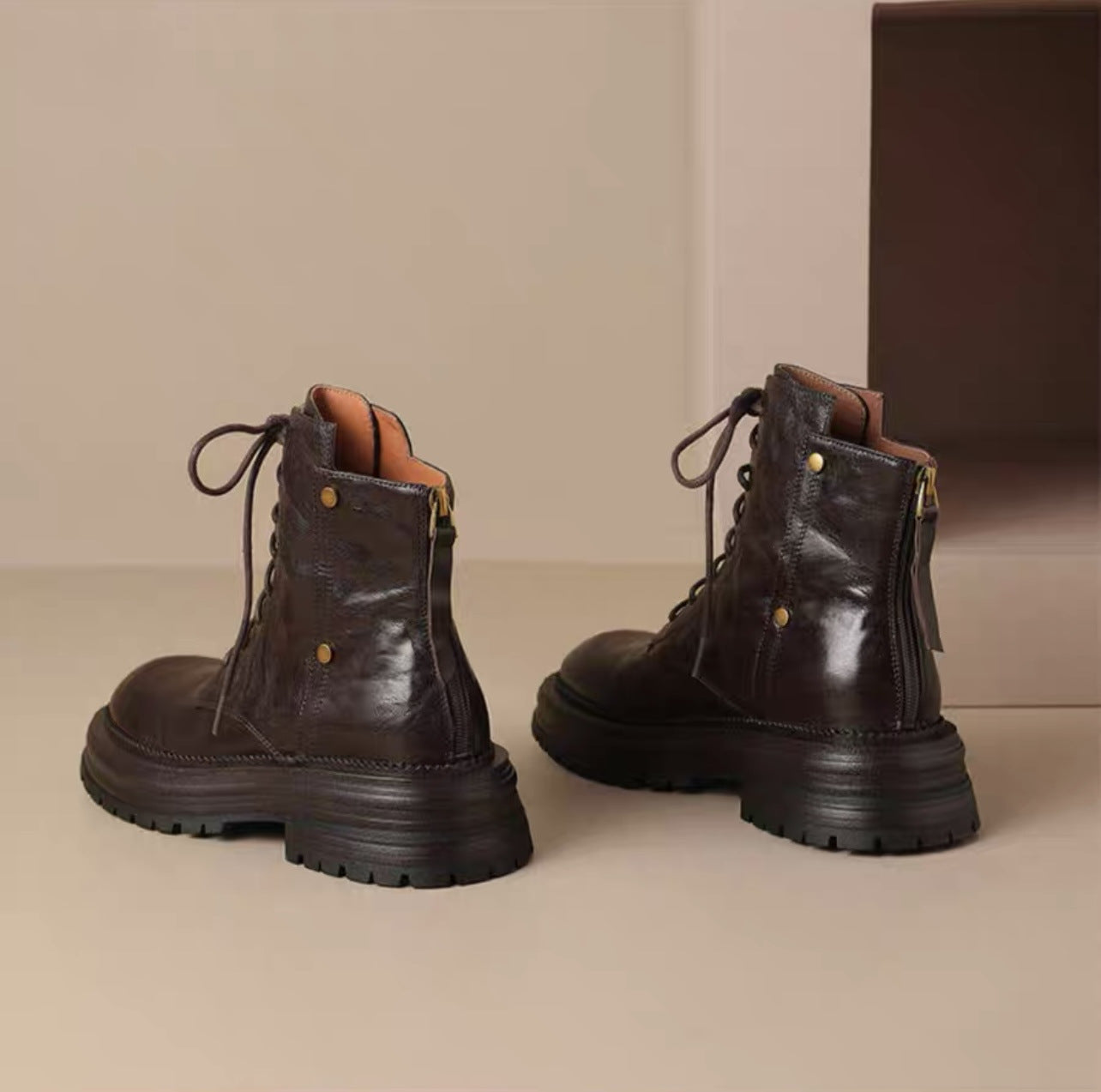 Women's Lambskin Ankle Boots with Chunky Sole – Lace-Up Boots