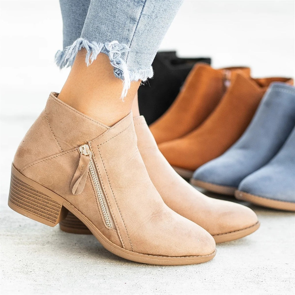 Women's Low Heel Ankle Boots – Comfortable & with Side Zipper