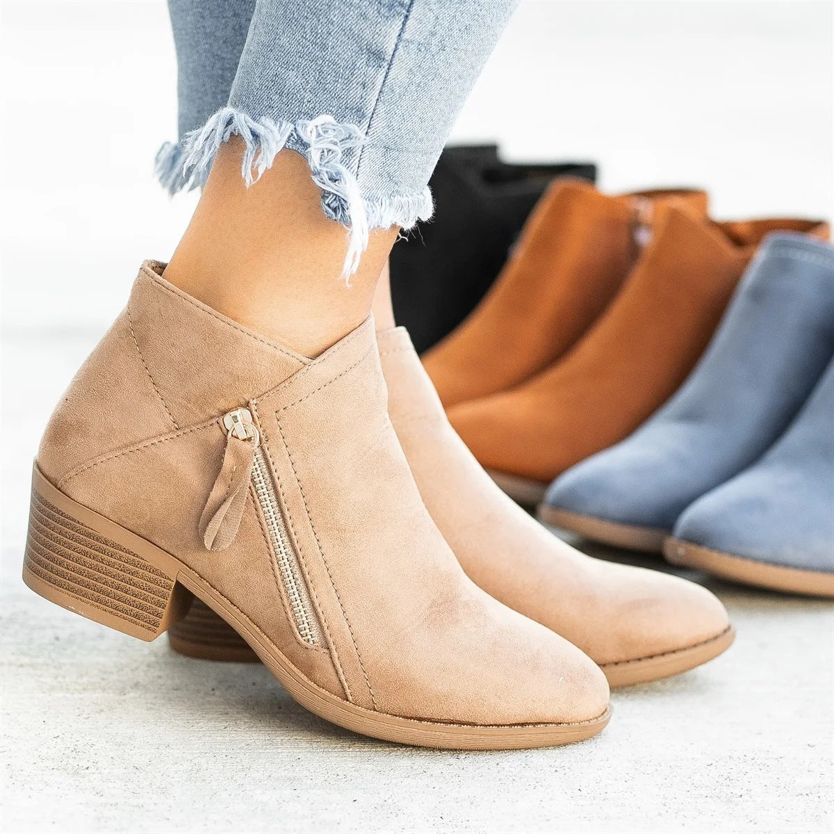 Women's Low Heel Ankle Boots – Comfortable & with Side Zipper