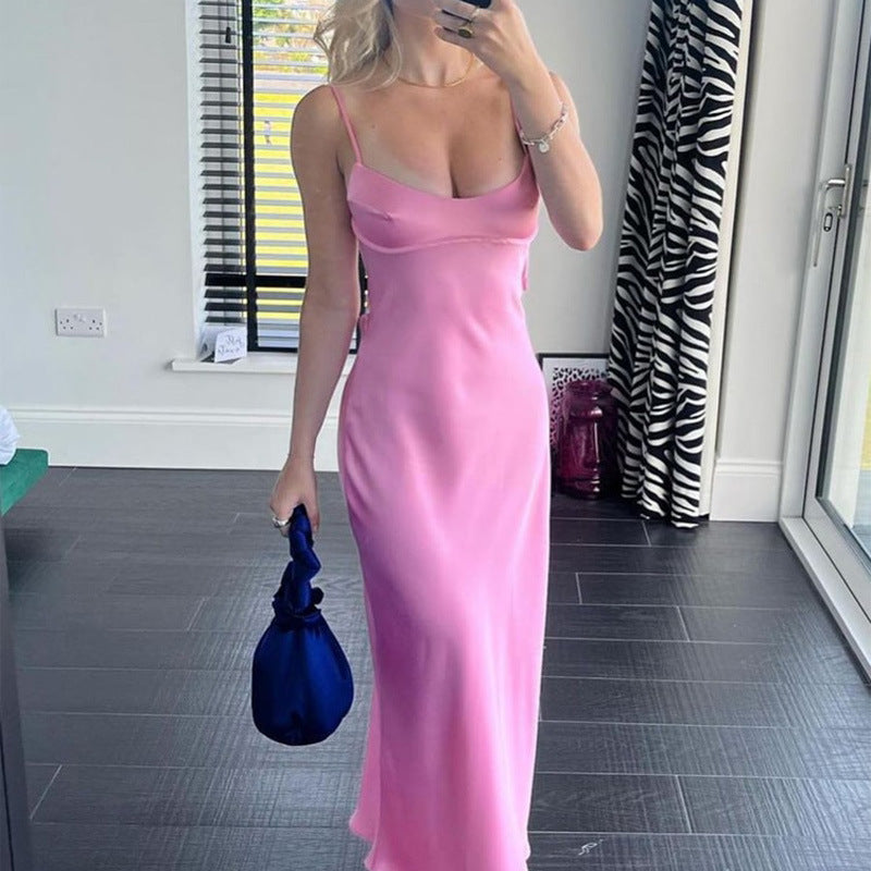 Elegant Satin Spaghetti Strap Maxi Dress – Backless Summer & Party Dress