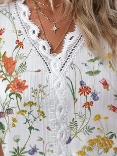 Damen Sommerbluse Spitze V-Ausschnitt | Eleganter Print Look