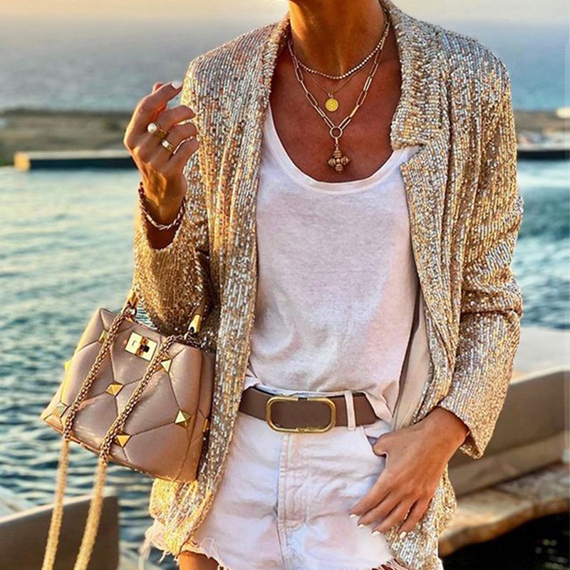 Damen Pailletten Blazer – Slim Fit, Elegant & Festlich Langarm
