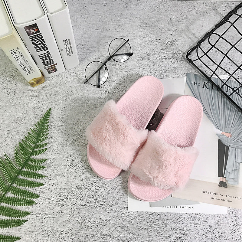 Women's Fur Slippers Korean Style | Fluffy Indoor Sandals