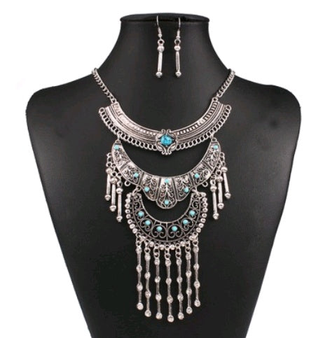 Vintage Türkis Schmuckset mit Zirkonia – Halskette & Ohrringe im edlen Ethno-Design
