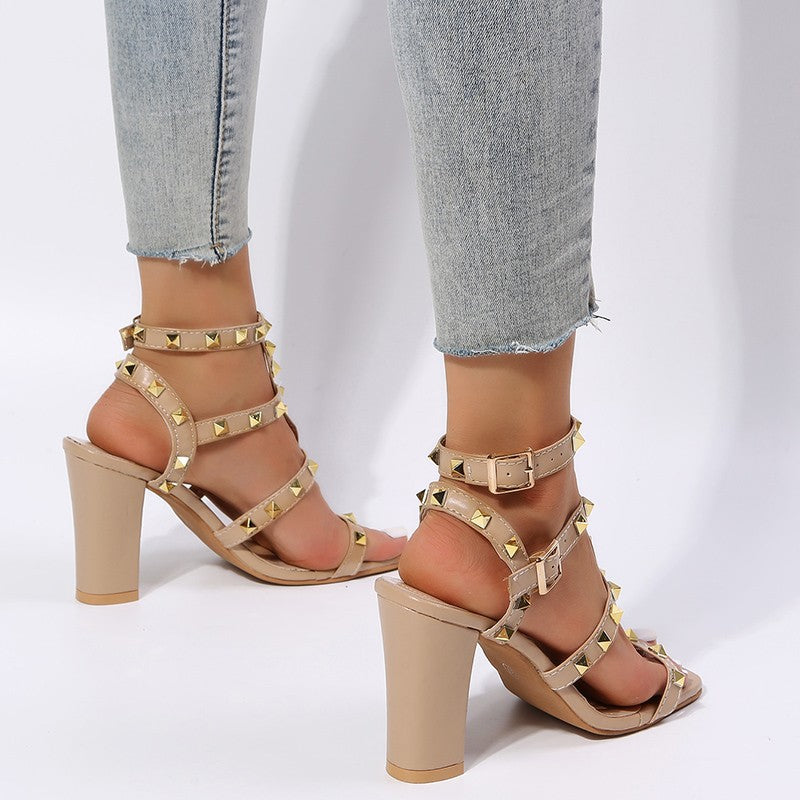 Damen Gladiator Sandalen mit Nieten | Square Toe High Heels