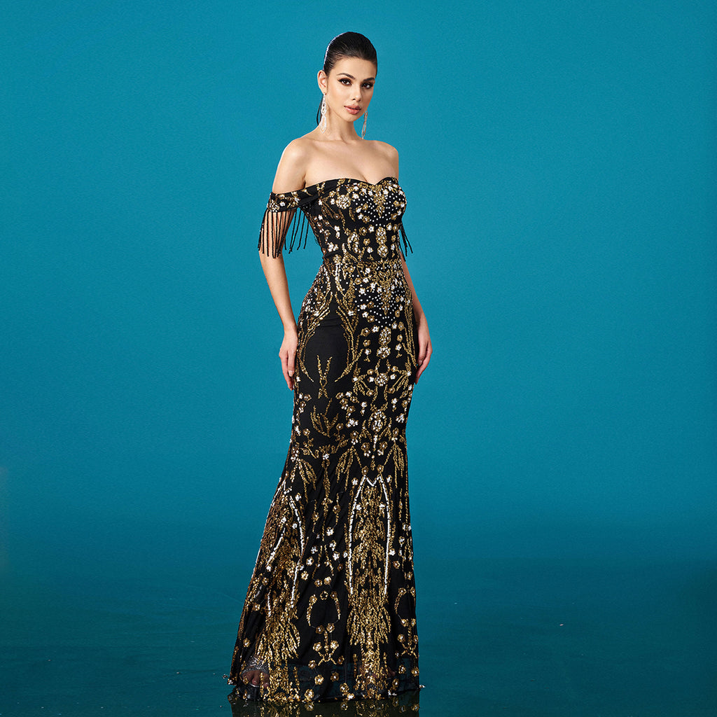 Off-Shoulder Sequin Evening Dress | Mermaid Maxi Dress