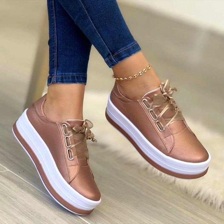 Damen Plateau Sneaker mit Schleife – Modische Ribbon Lace-Up Schuhe