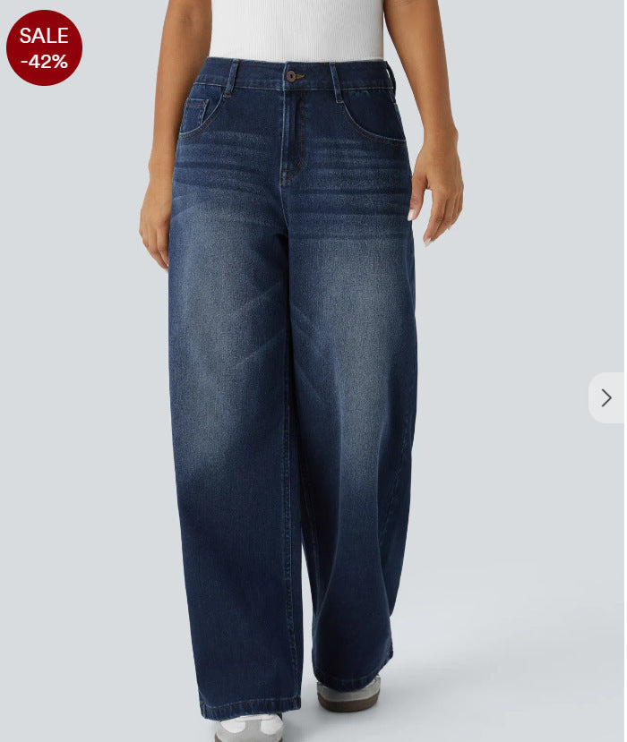 Women's Retro Wide Leg Jeans – Washed Denim with Textured Design