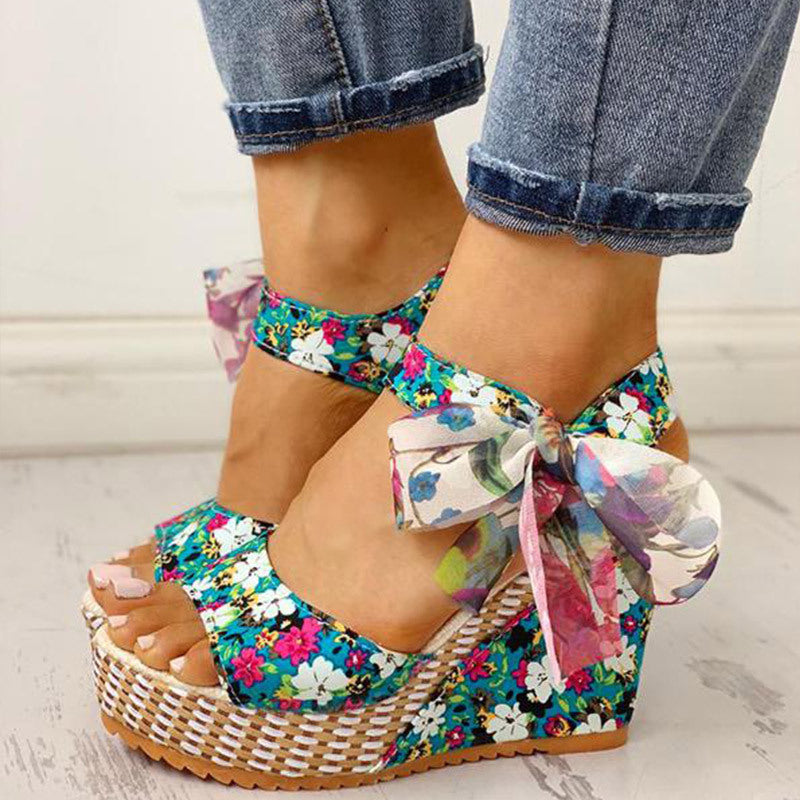 Women's Wedge Sandals Floral Bow | Boho Platform Sandals