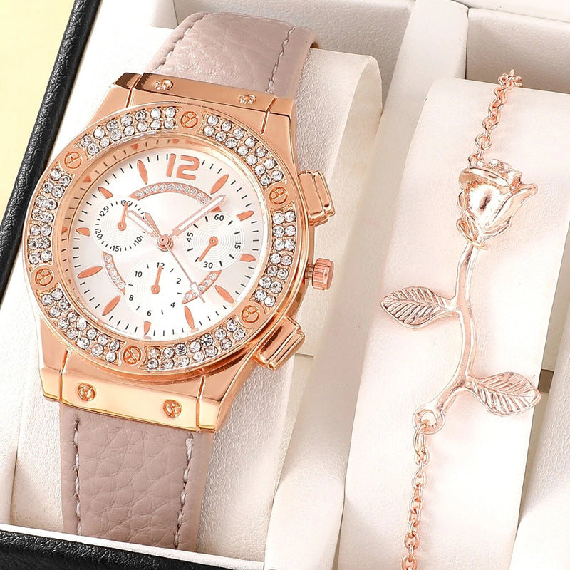 Korean Style Diamond-Embedded Fashion PU Strap Watch