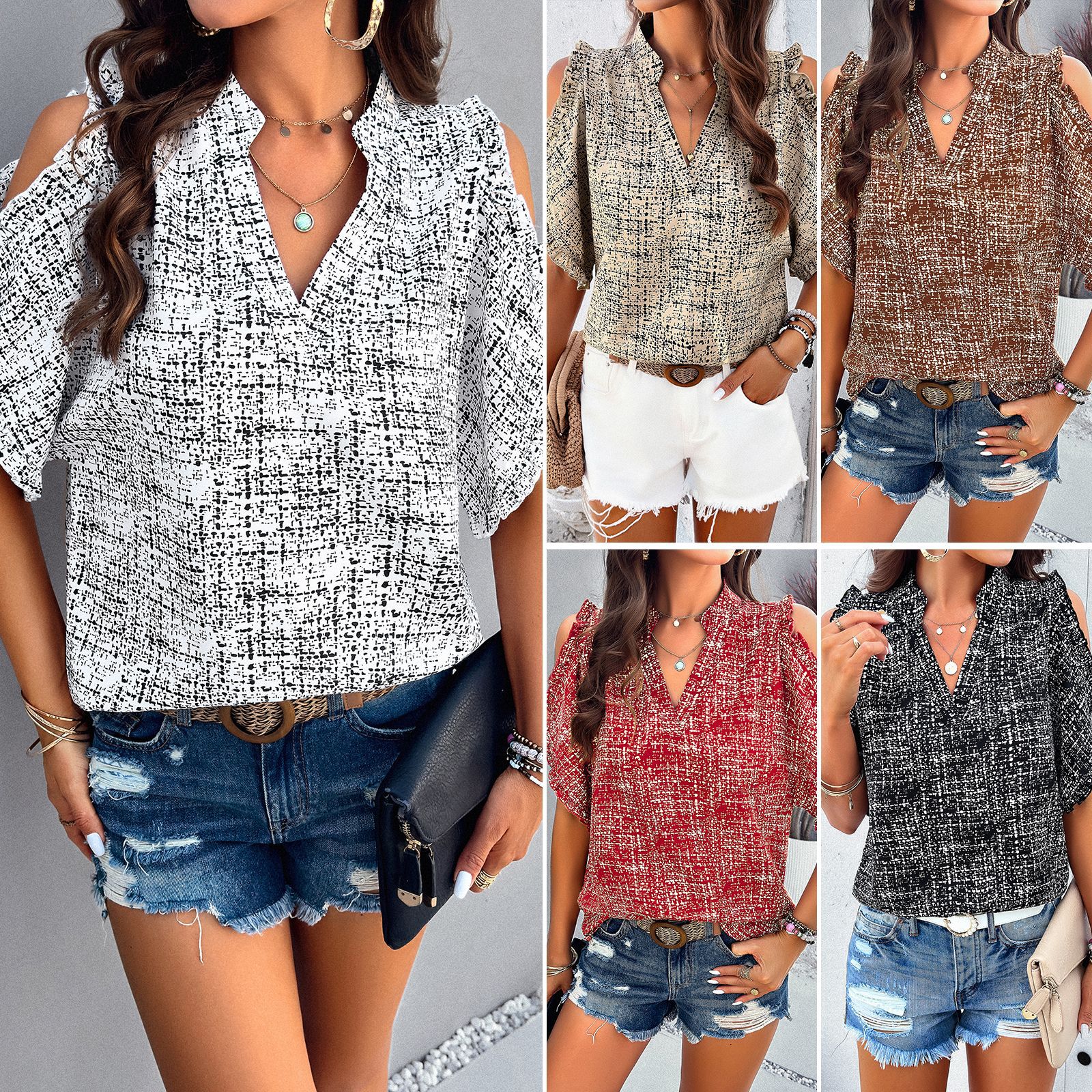 Damen Off-Shoulder Top | Elegante V-Ausschnitt Sommerbluse