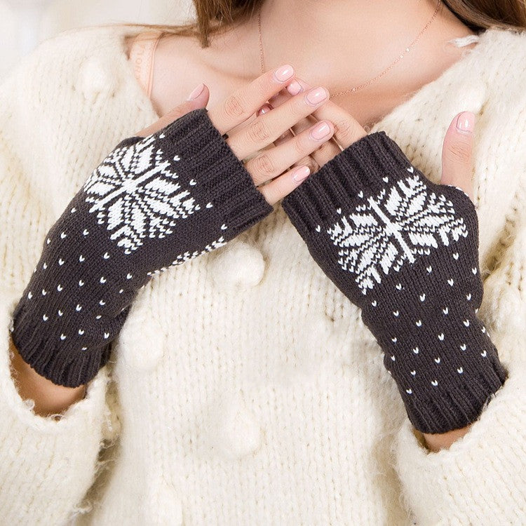 Damen Halbfinger Strickhandschuhe – Schneeflocke Weihnachtsdesign