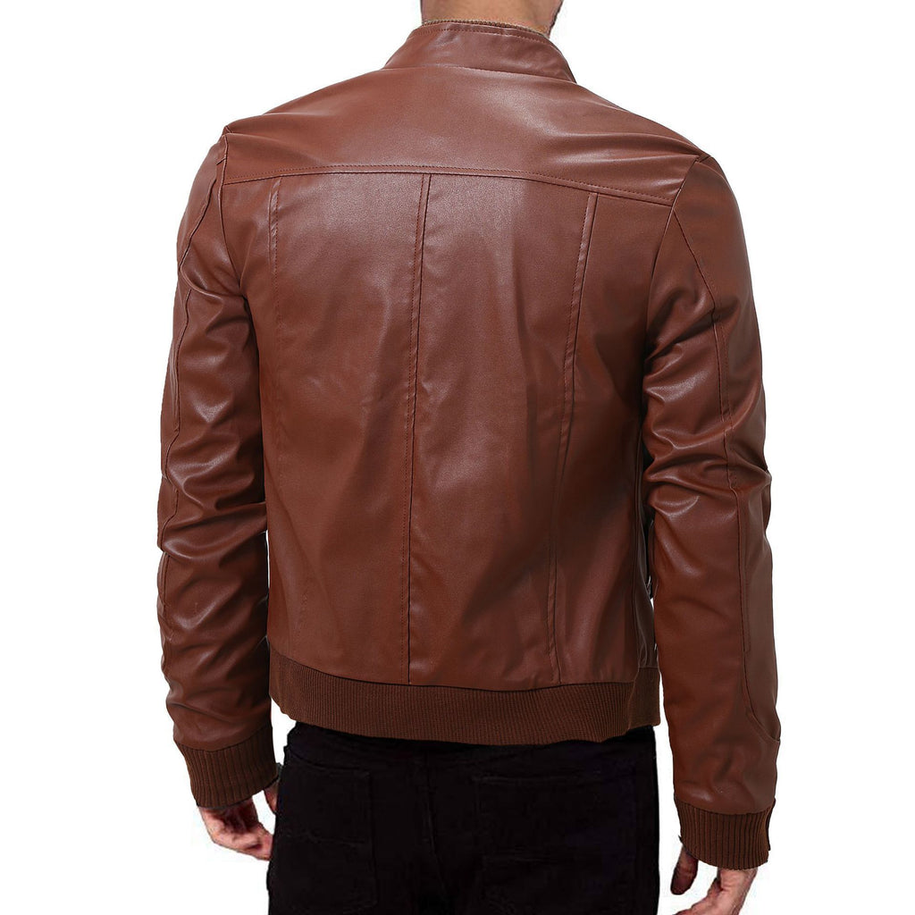Men's Winter Leather Jacket Slim Fit - Warm Zip Jacket with Stand-Up Collar
