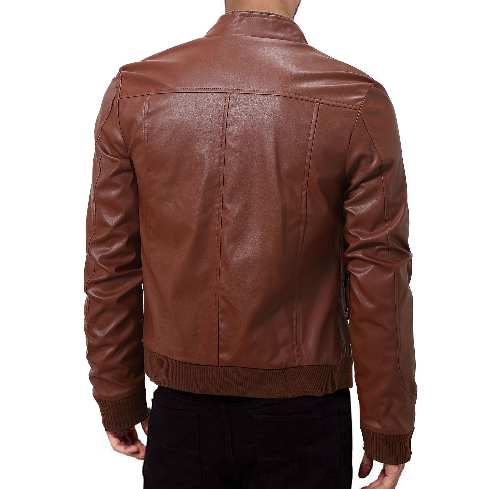 Men's Winter Leather Jacket Slim Fit - Warm Zip Jacket with Stand-Up Collar