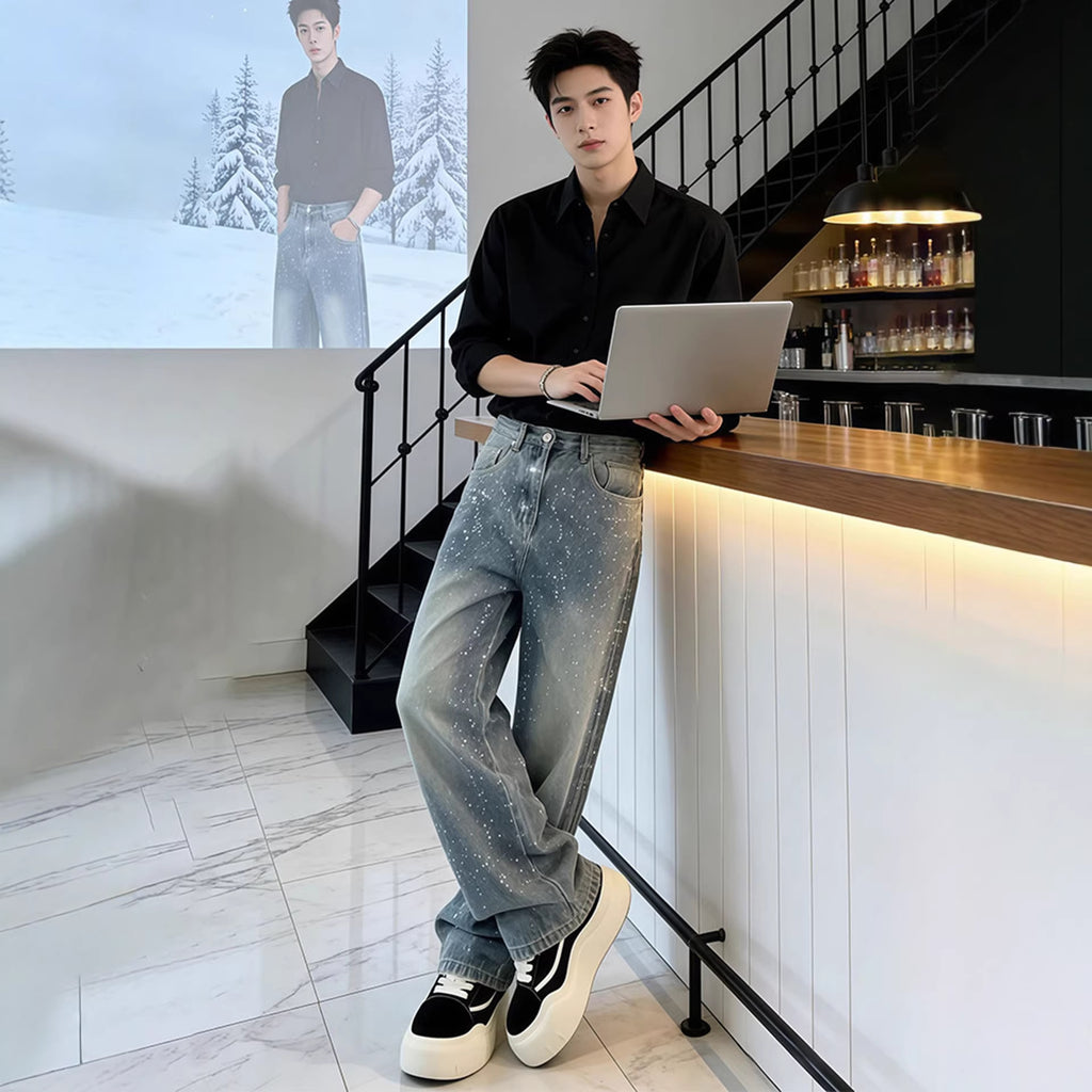 Men's Stone Wash Jeans Straight Leg – Wide Leg Trend Denim Trousers