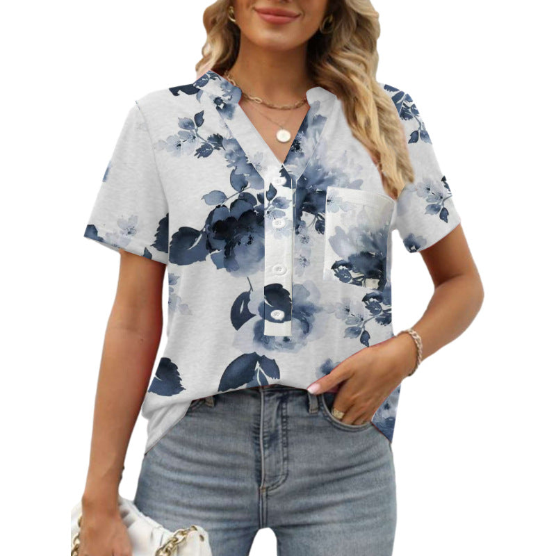 Damen Blumenprint Bluse V-Ausschnitt | Sommer Kurzarm Shirt