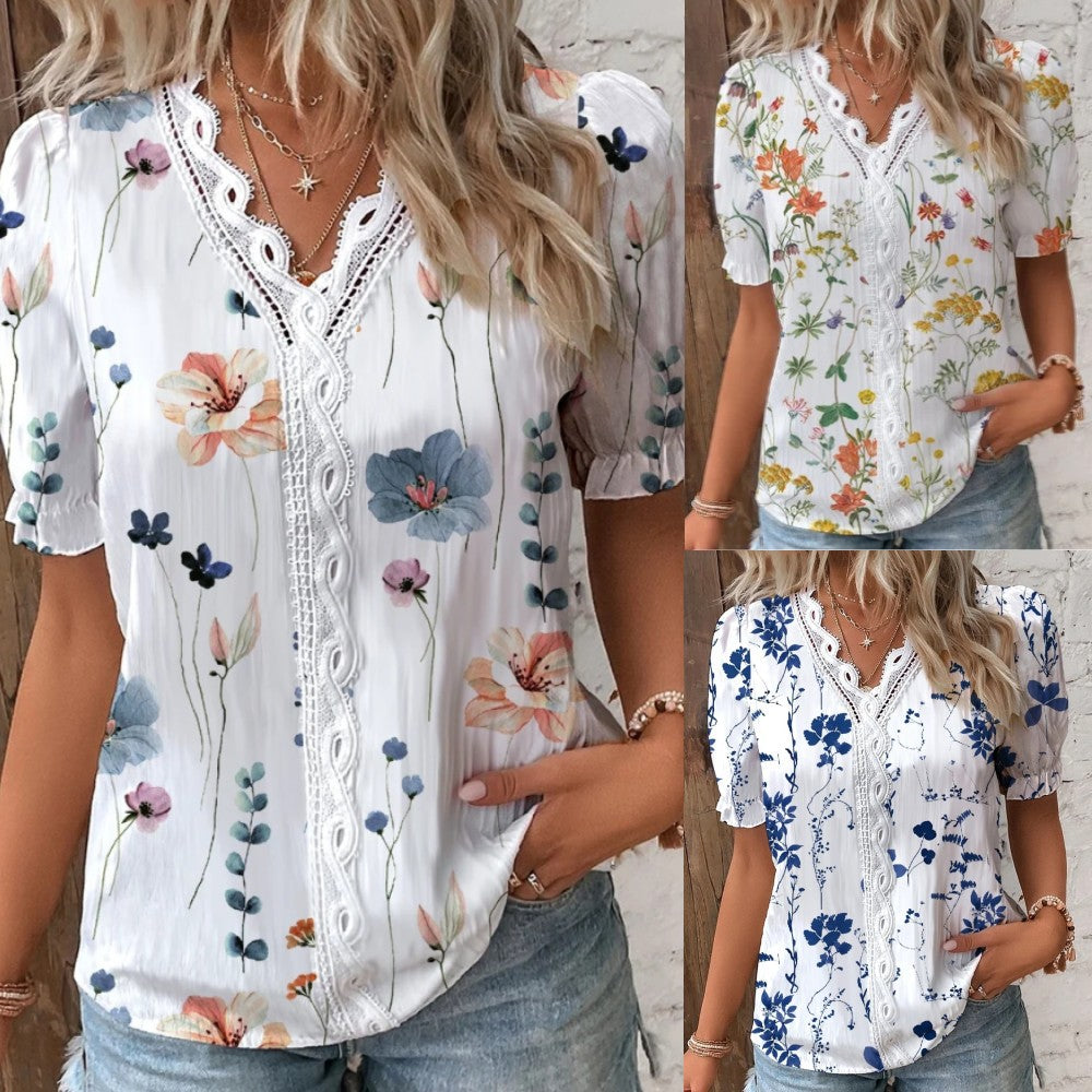 Damen Sommerbluse Spitze V-Ausschnitt | Eleganter Print Look
