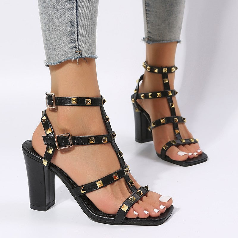 Damen Gladiator Sandalen mit Nieten | Square Toe High Heels