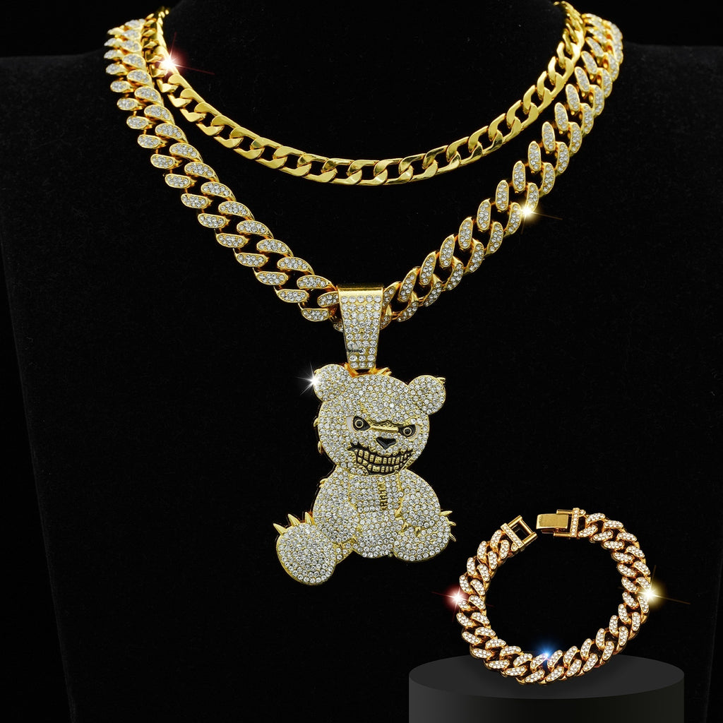 Sparkling Bear Jewelry Set - Necklace & Bracelet in a Glittering Design for Women