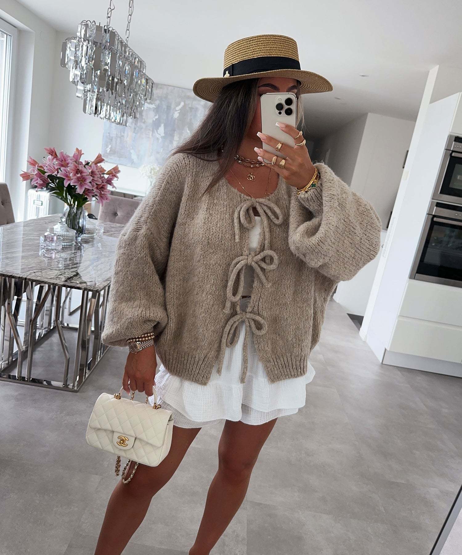 Damen Strickcardigan mit Schleife | Eleganter Hollow-Out Look
