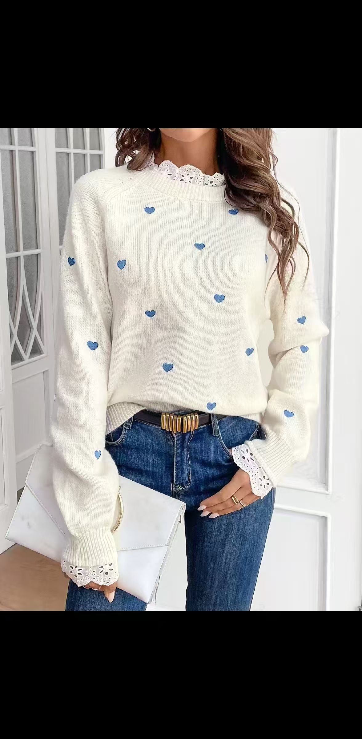 Strickpullover mit Herzstickerei – Damen Patchwork Basic Pullover