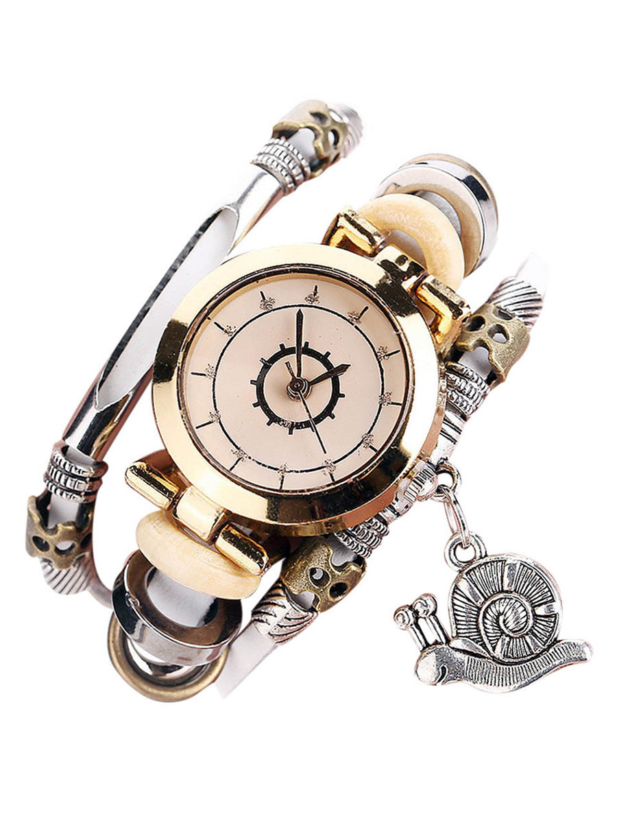 Vintage Ladies' Wristwatch, Curved Leather Strap, Snail Pendant