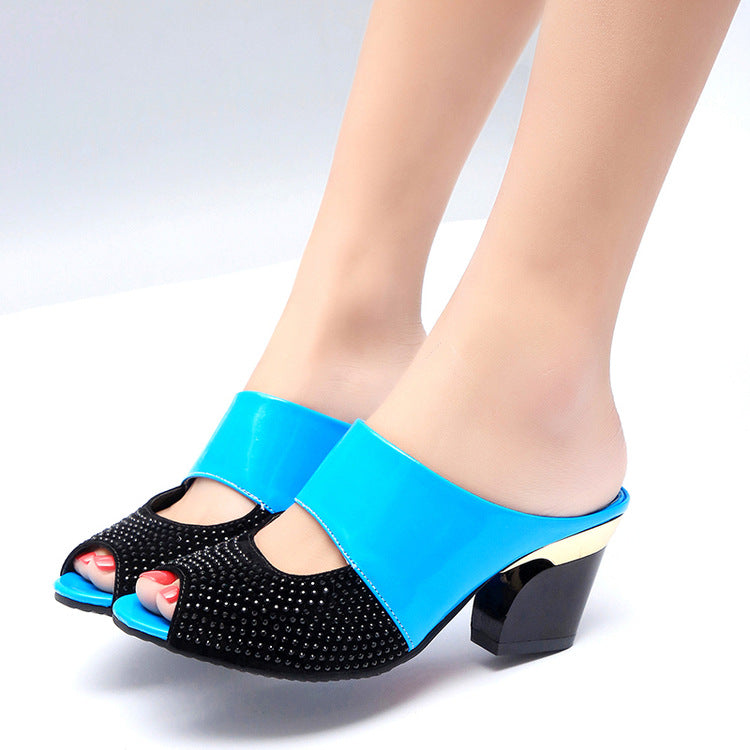 Patent Leather Rhinestone Sandals for Women | Elegant Block Heel Shoes