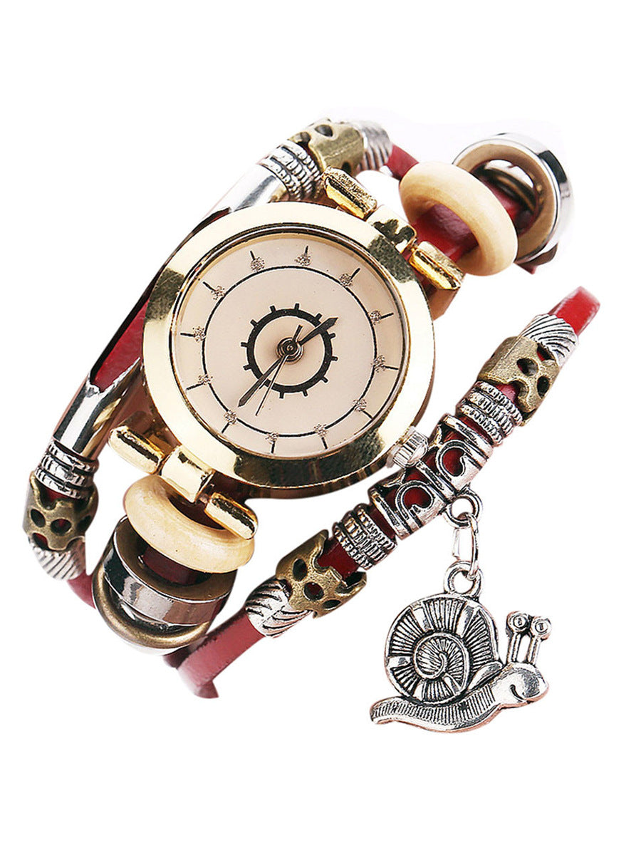 Vintage Ladies' Wristwatch, Curved Leather Strap, Snail Pendant