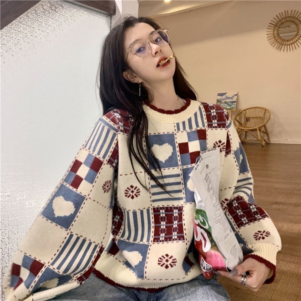 Women's Knitted Jumper Heart Pattern – Japanese Retro Color Block Look