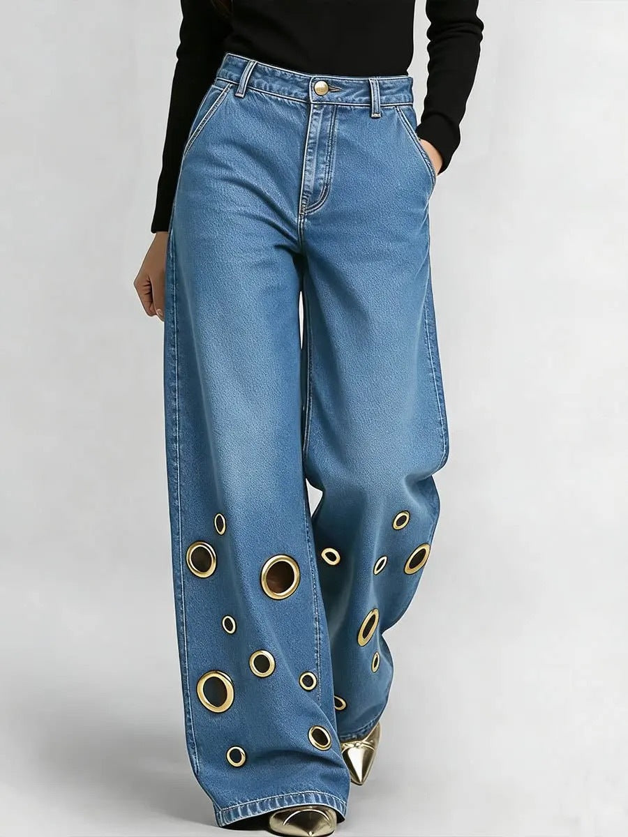 Women's High Waisted Loose Fit Jeans with Cut-Outs & Metal Eyelets