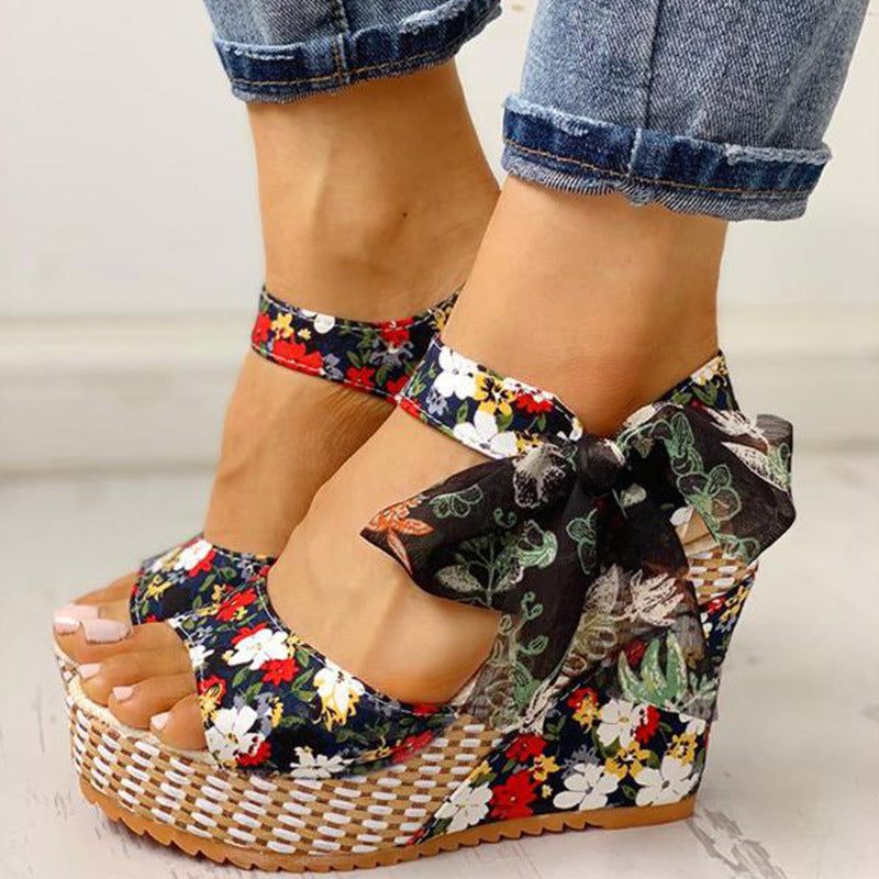 Damen Keilsandaletten Blumen Schleife | Boho Plateau Sandalen