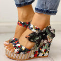 Damen Keilsandaletten Blumen Schleife | Boho Plateau Sandalen