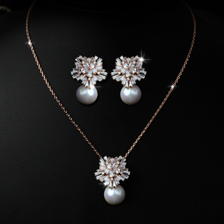 Luxurious Pearl Zirconia Jewelry Set in Korean Design – Necklace & Earrings for Elegant Occasions
