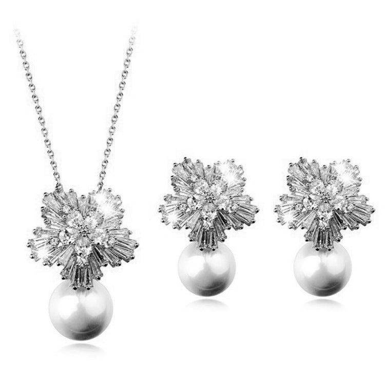 Luxurious Pearl Zirconia Jewelry Set in Korean Design – Necklace & Earrings for Elegant Occasions