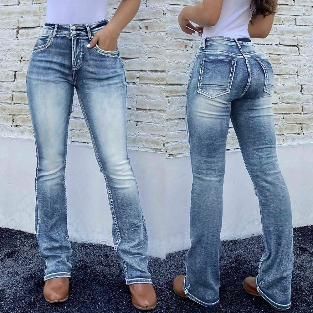 Women's Retro Stretch Jeans with Embroidery – Patchwork Washed Denim