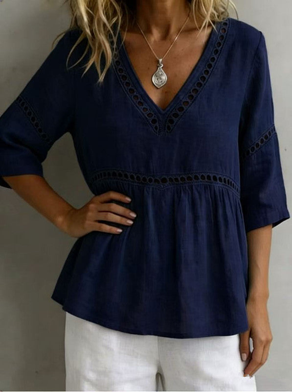 Women's V-Neck Top with Cut-Out – Fringes, Loose & Trendy