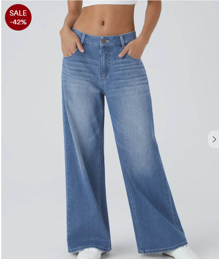 Women's Retro Wide Leg Jeans – Washed Denim with Textured Design