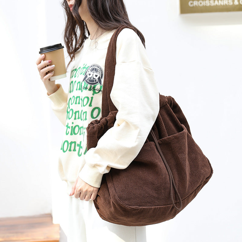 Women's Corduroy Shoulder Bag with Drawstring & Compartments