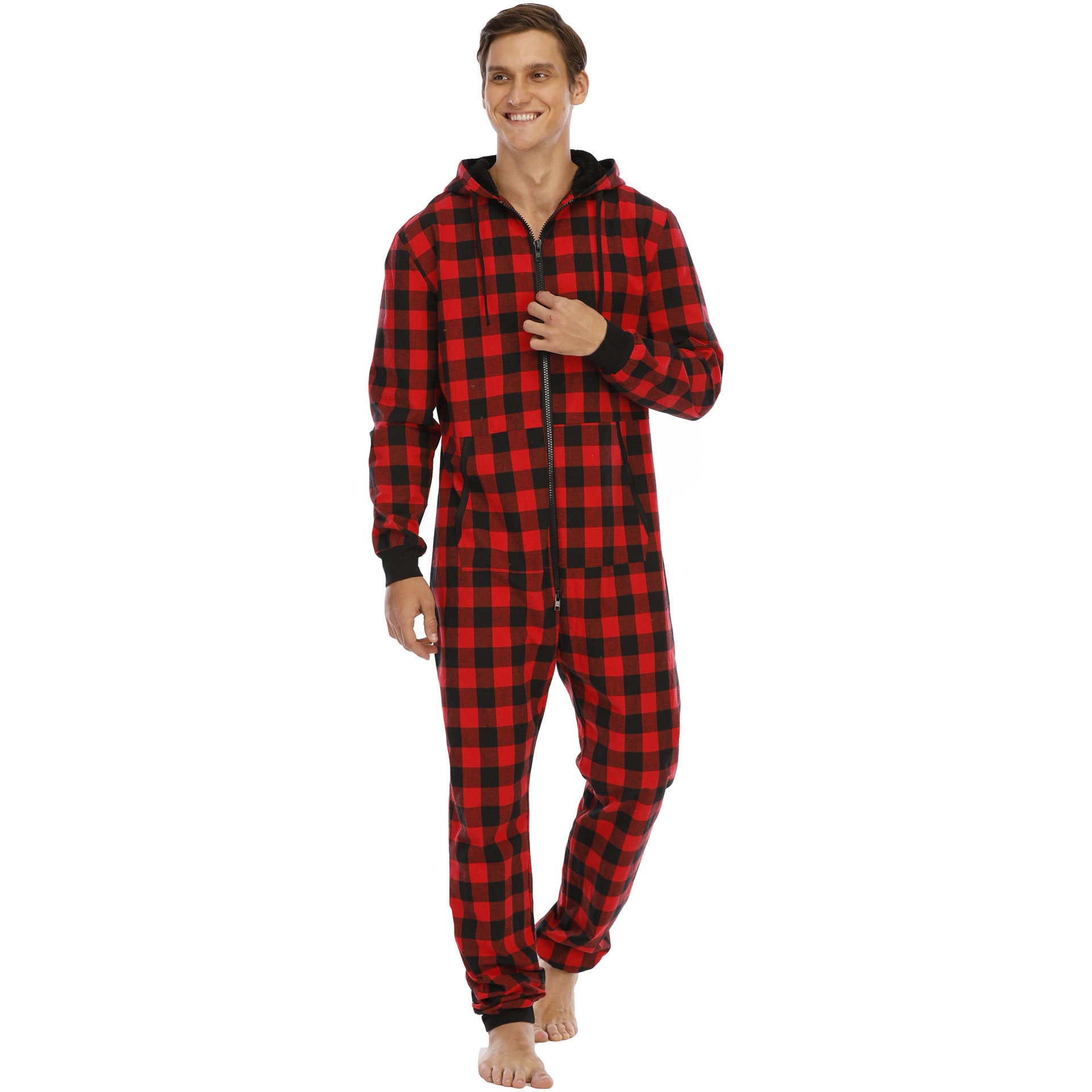 Herren Flanell Overall Pyjama | Kariert Kapuze Warm