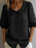 Retro Women's Blouse with 3D Floral Embroidery – Loose, Button Placket & Elegant